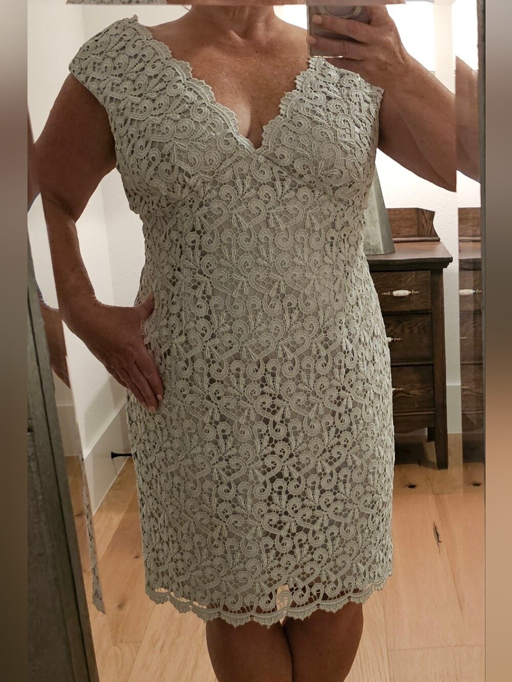 MARINA Lace V-Neck Sheath Dress in Silver